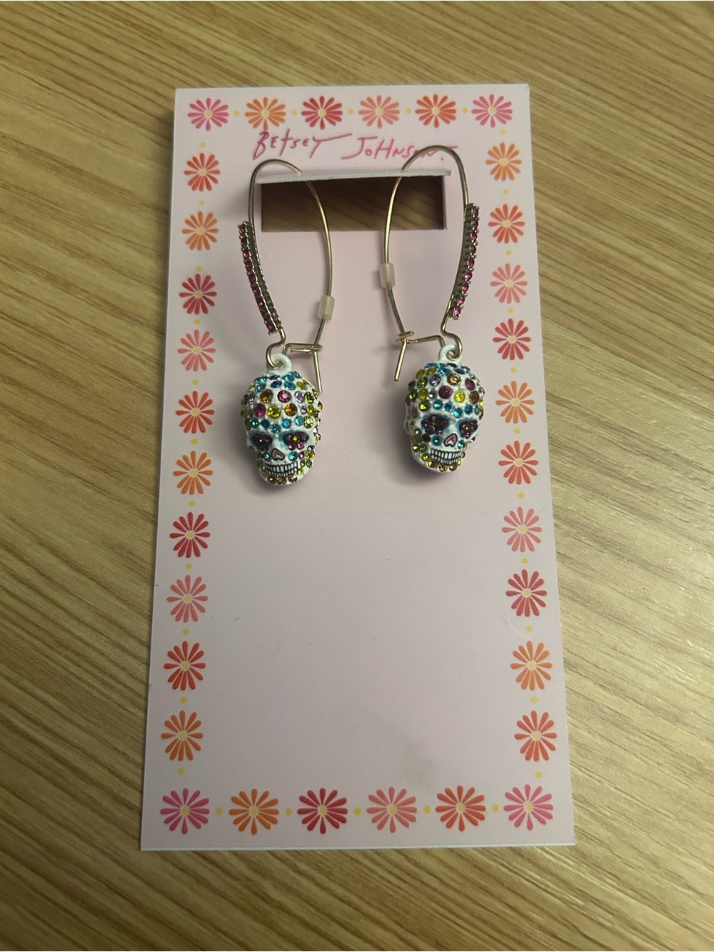 Betsey Johnson White Multicolor Crystal Sugar Skull Dangle Earrings